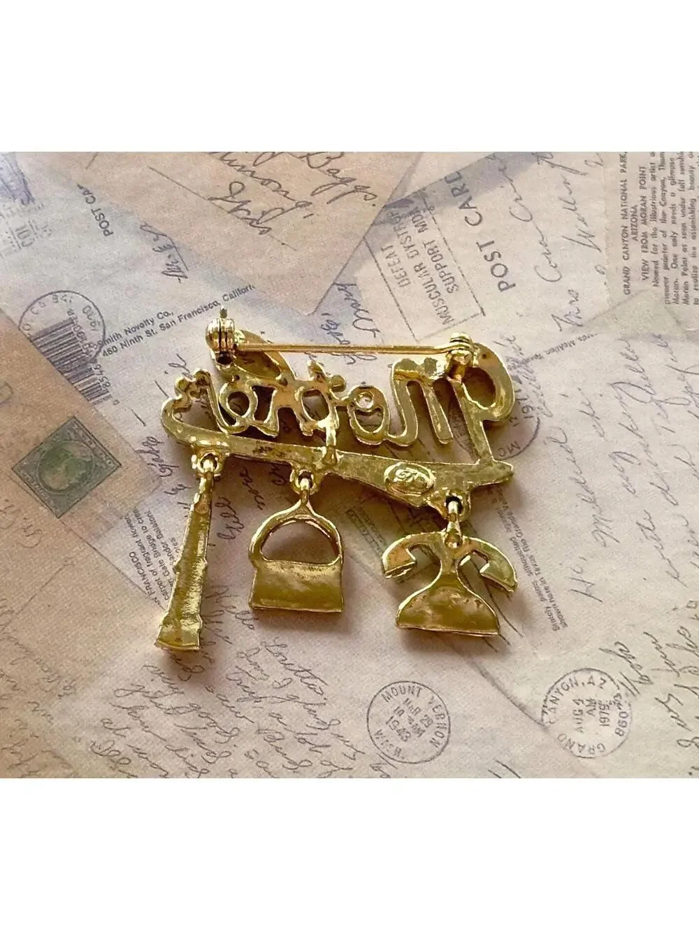 Vintage Mother Charm Brooch with Telephone Handbag & Scroll Dangles